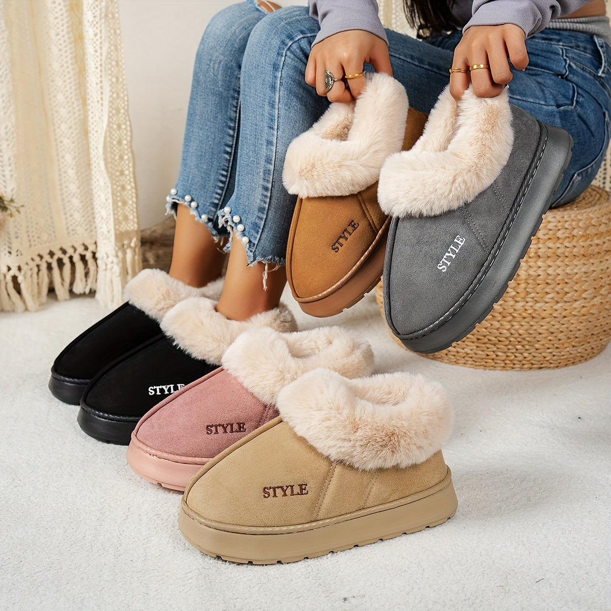Women'S Winter Fleece Slippers, Casual Solid Color Booties, Soft Fabric Upper & Inner, EVA Sole, Warm Thick Sole Indoor Home Footwear, Non-Slip, All-Season Comfort
